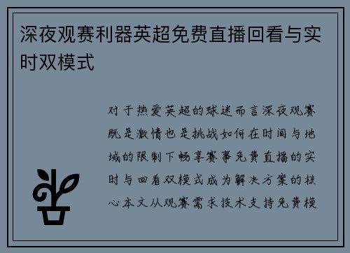 深夜观赛利器英超免费直播回看与实时双模式